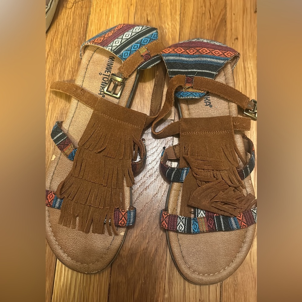 Brown Fringe Minnetonka Sandals with Multicolor Straps
